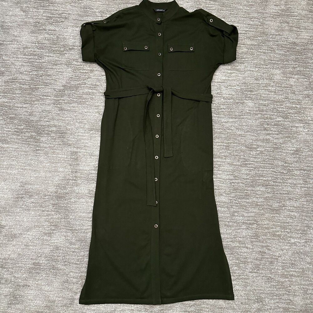 eShakti Dress Womens Medium Green Belted Button Front Pockets Utility Shirt